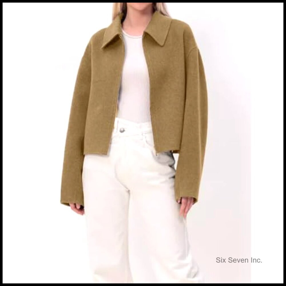 Cropped Wool Blend Pea Coat with Zipper Closure, Long Sleeve - Picture 4 of 7